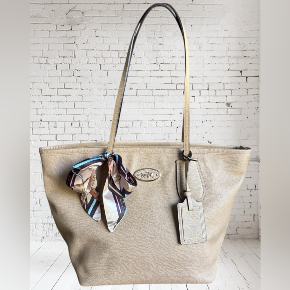Coach Beige Leather Tote with Multicolor Scarf Accent
